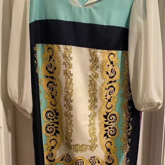 Dana Morgan White Blue Purple Design Dress Size 12 - Picture 2 of 11